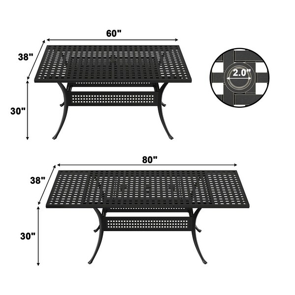 80in Outdoor Rectangular Dining Table Cast Aluminum Frame Adjustable Length Vintage Patio Table with Umbrella Hole