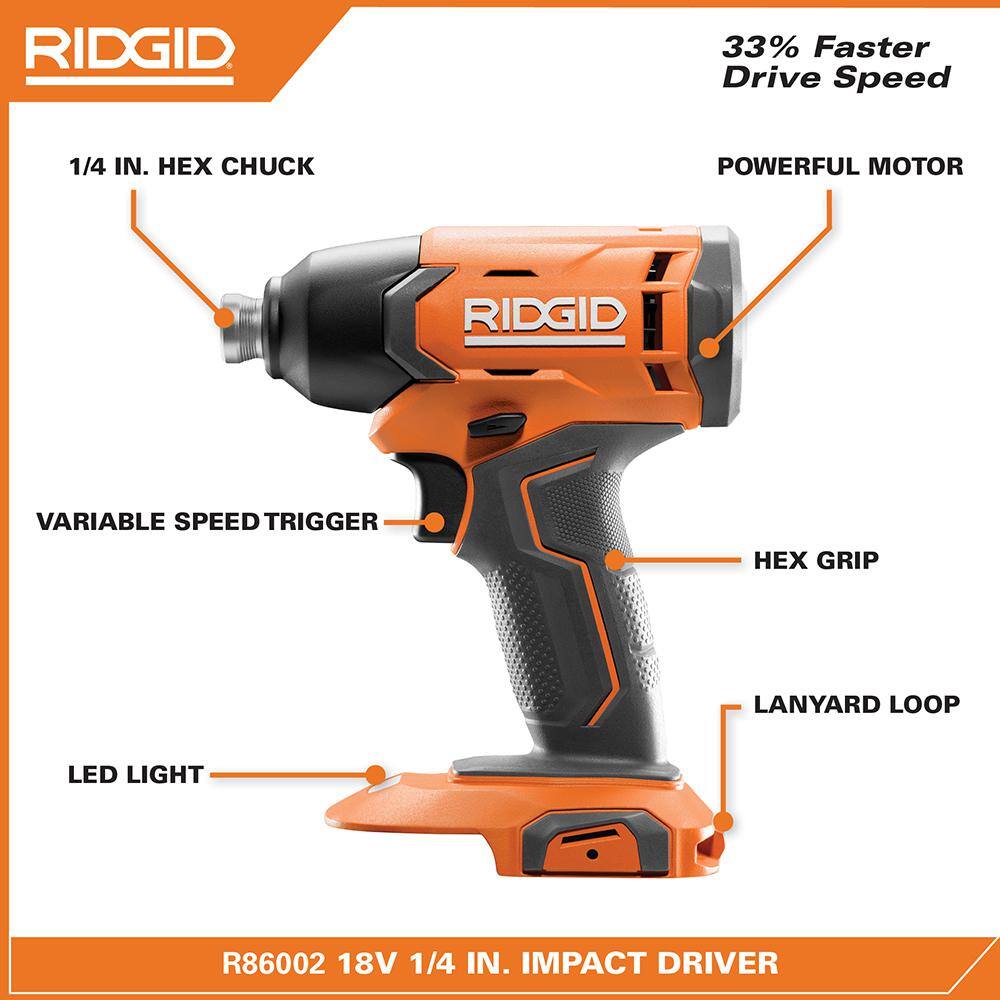 RIDGID 18V Cordless 14 in. Impact Driver (Tool Only) R86002B