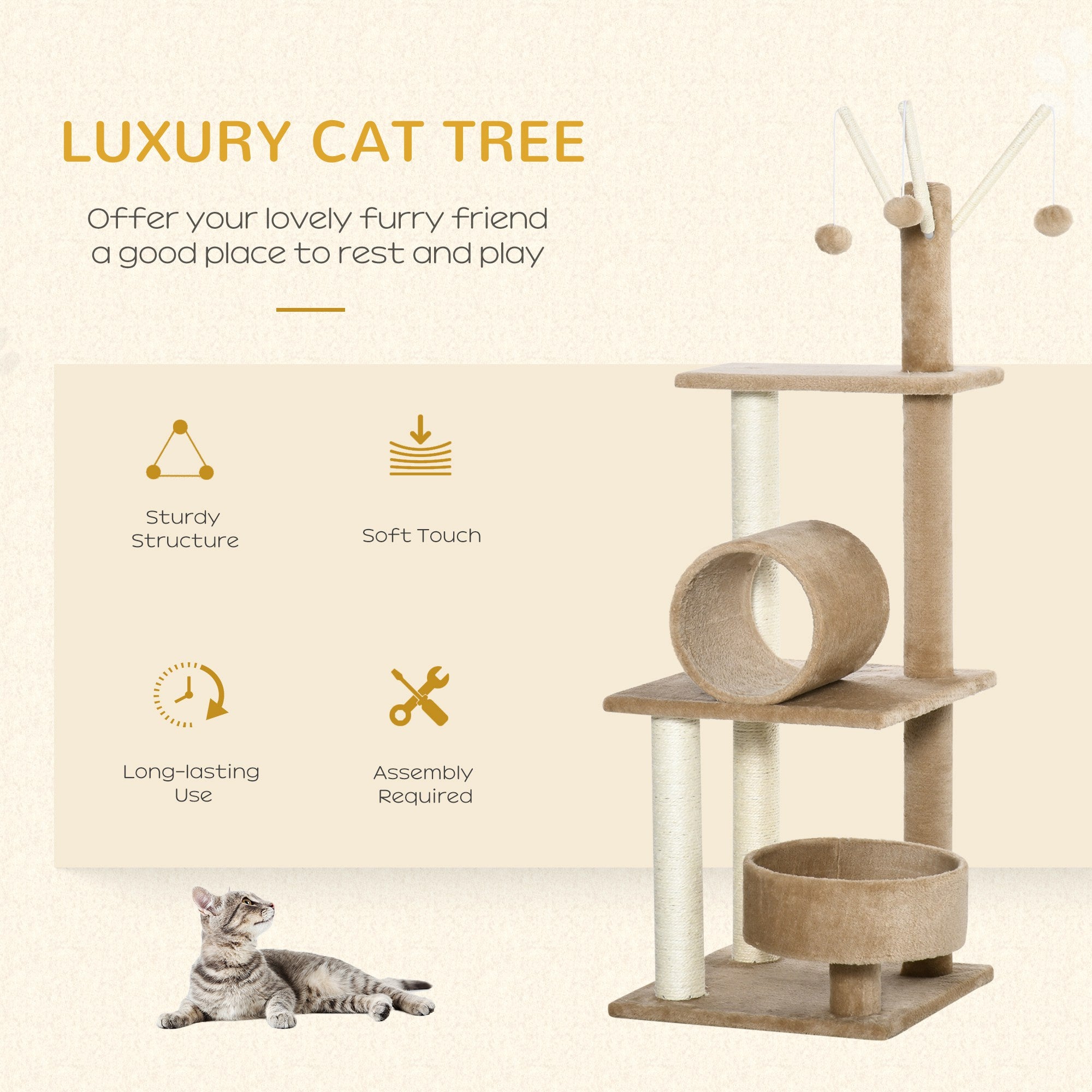 PawHut Cat Tree for Indoor Cats Cat Condo Kitty Tower with Scratching Post， Elevated Fun Cat Beds， Tunnel， Cat String Toys， 16