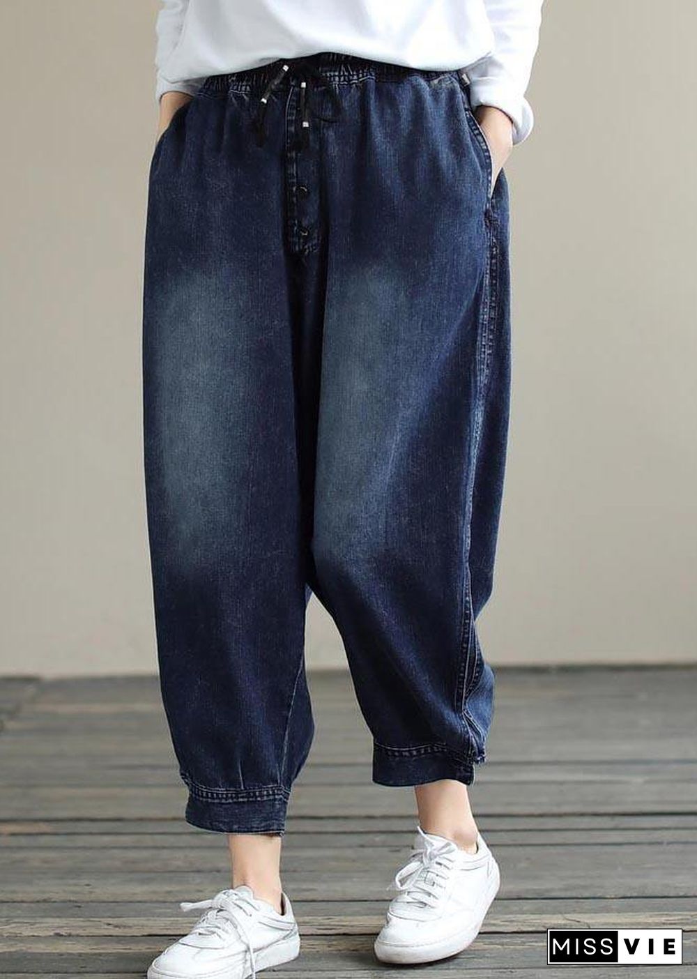 French Denim Blue Pants Plus Size Spring Elastic Waist Pockets Inspiration Women Pants