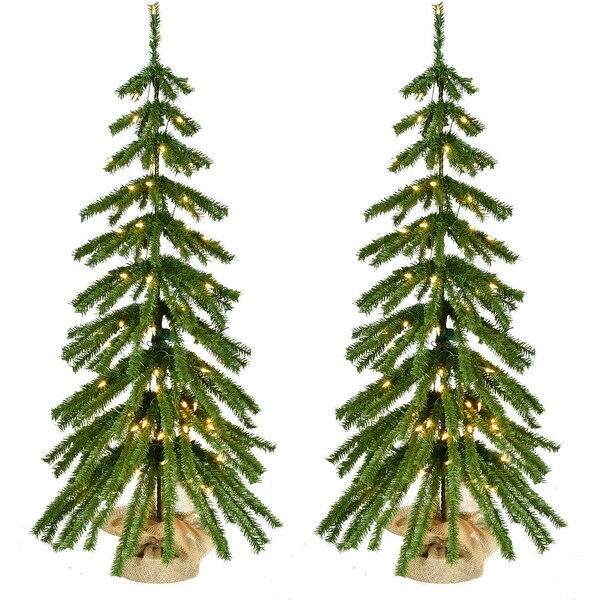 Fraser Hill Farm 4ft. Downswept Farmhouse Fir Christmas Tree with Burlap Bag and Warm White LED Lights，Set of 2