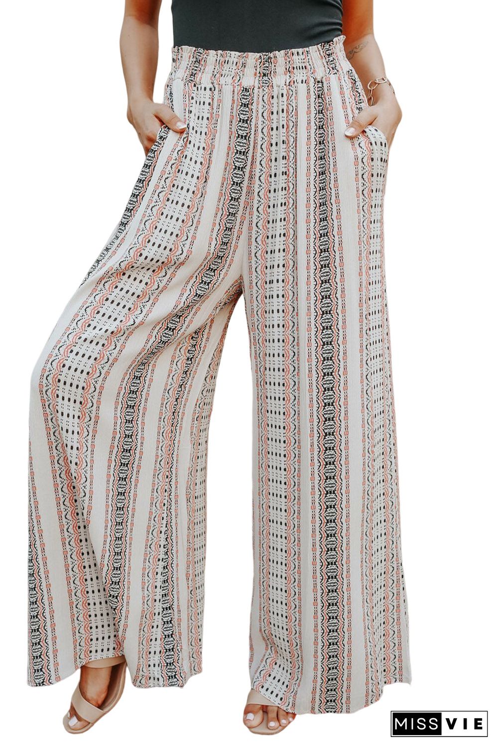 White Geometric Pattern Shirred Wide Leg Plus Size Pants