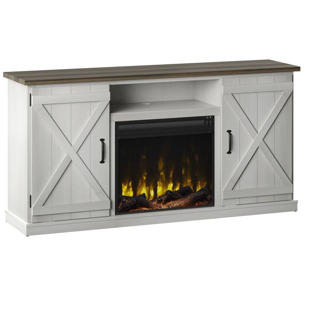 Twin Star Home 63.38 in. Freestanding Wooden Electric Fireplace TV Stand in Old Wood White 140640