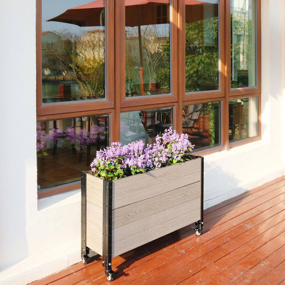 EverBloom 12 in. D x 24 in. H x 36 in. W Grey and Black Composite Board and Steel Mobile Deep Trough Planter Box Raised Garden Bed K2112G