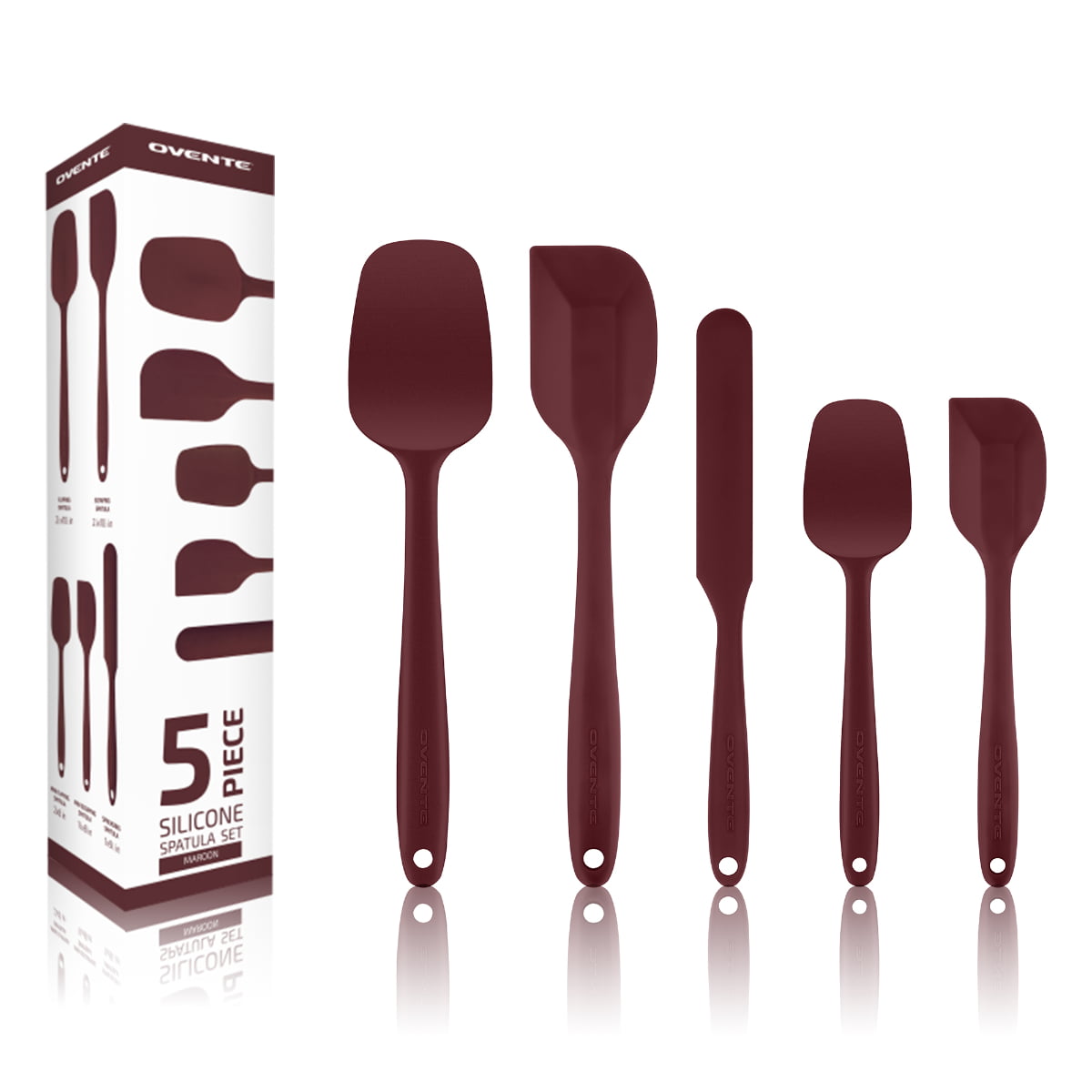 Ovente 5 Pieces Non-Stick Silicone Spatula Set with Heat Resistant & Stainless Steel Core, Dishwasher Safe Premium Utensils with Seamless Design Perfect for Baking Cooking & Mixing, Red SP12305R