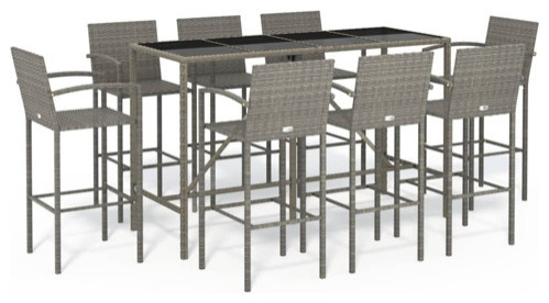 vidaXL Patio Bar Set 9 Piece Outdoor Table and Chair Set Gray Poly Rattan   Tropical   Outdoor Pub And Bistro Sets   by vidaXL LLC  Houzz