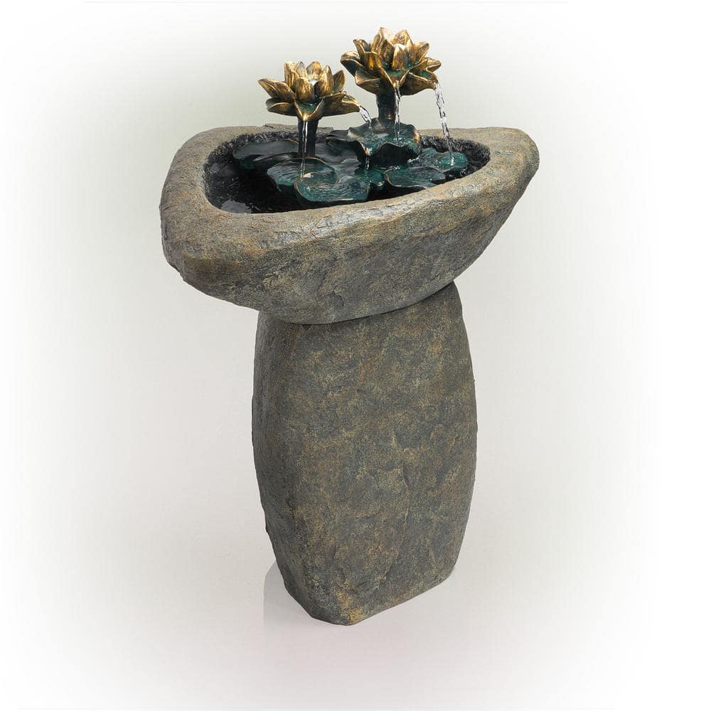 Alpine Corporation 30 in. Tall Outdoor Pedestal Lotus Rock Waterfall Fountain with LED Lights USA1393