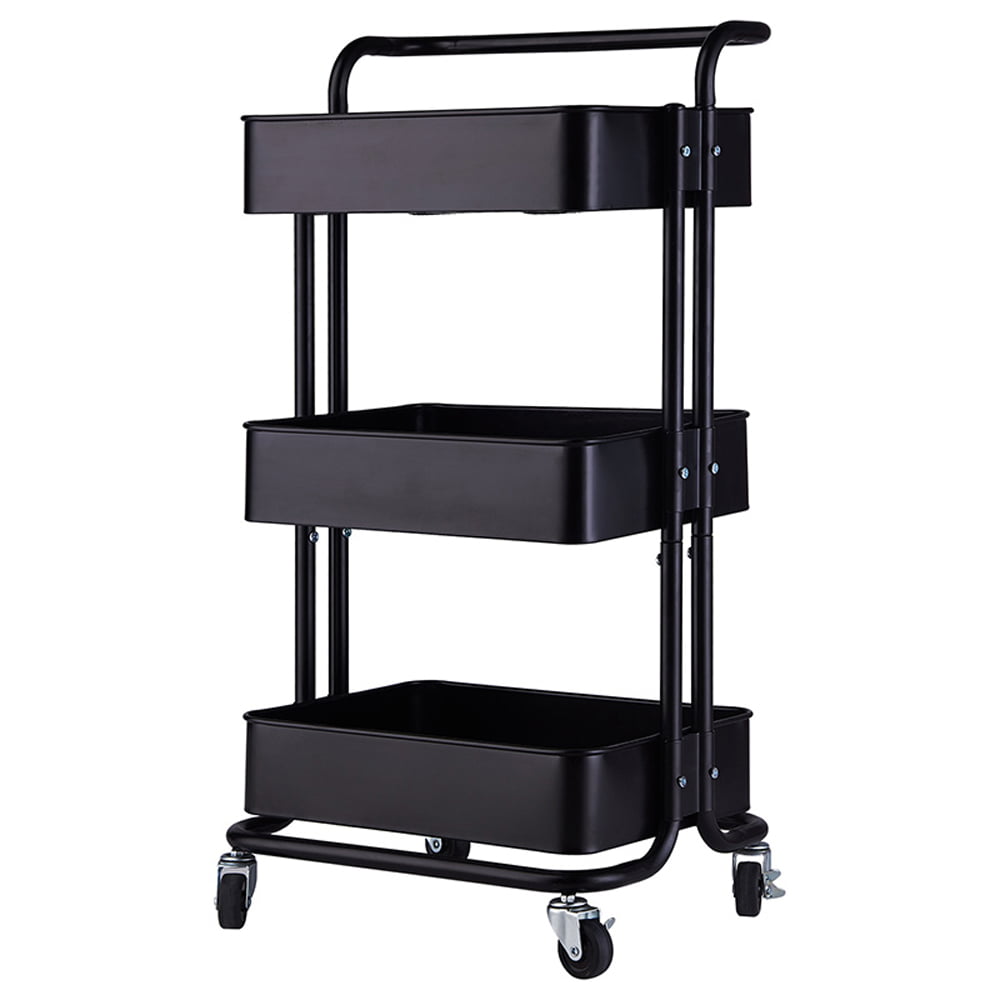 SKONYON 3-Tier Kitchen Utility Cart with Handle and Lockable Wheels， Black