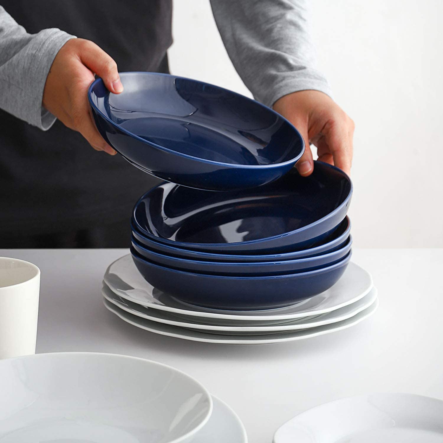 Y YHY 30 fl oz Blue Porcelain Pasta， Salad， Soup Bowls， Large Serving Bowl Set， Set of 6