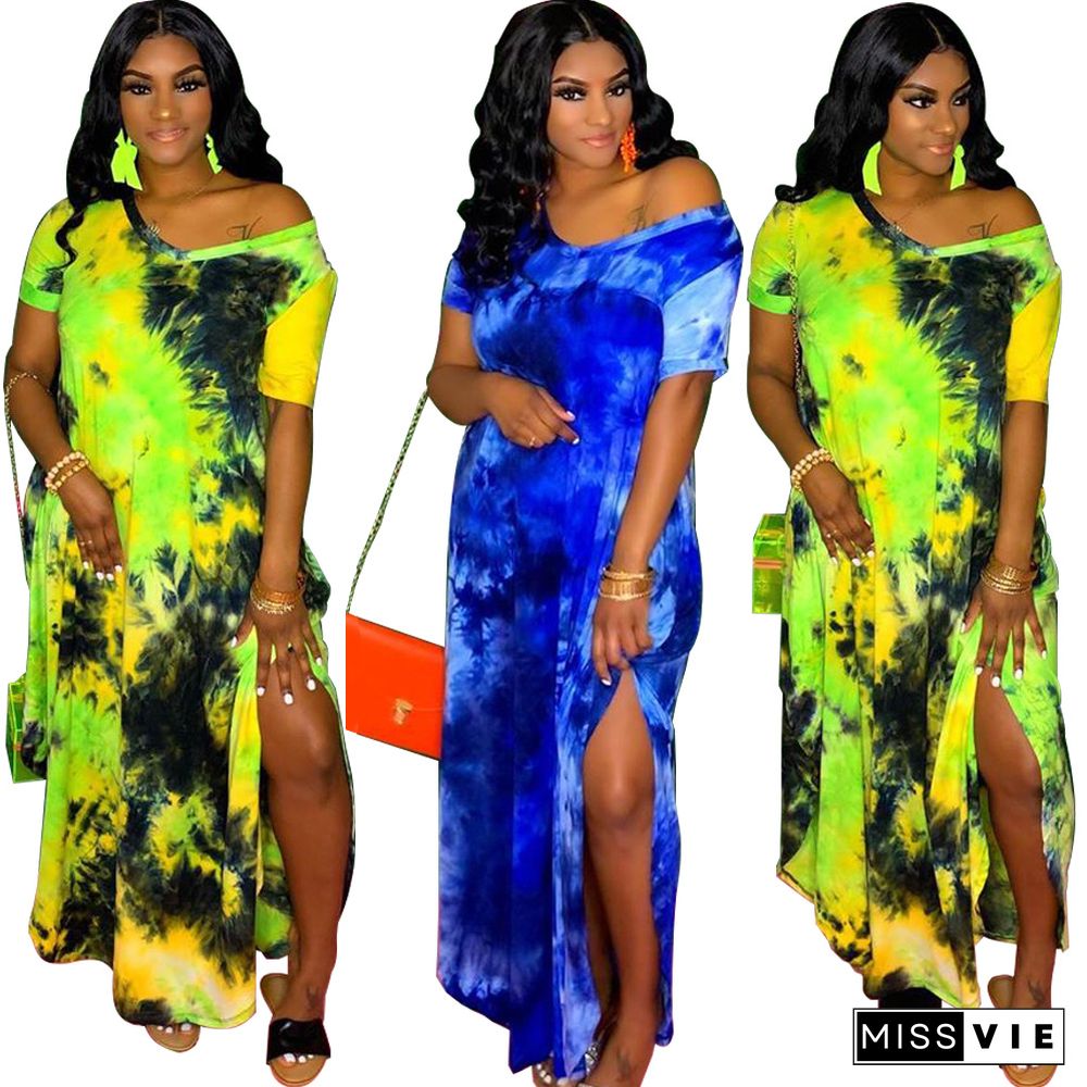 Sexy Tie-Dye Short Sleeved V-Neck Slit Maxi Dress