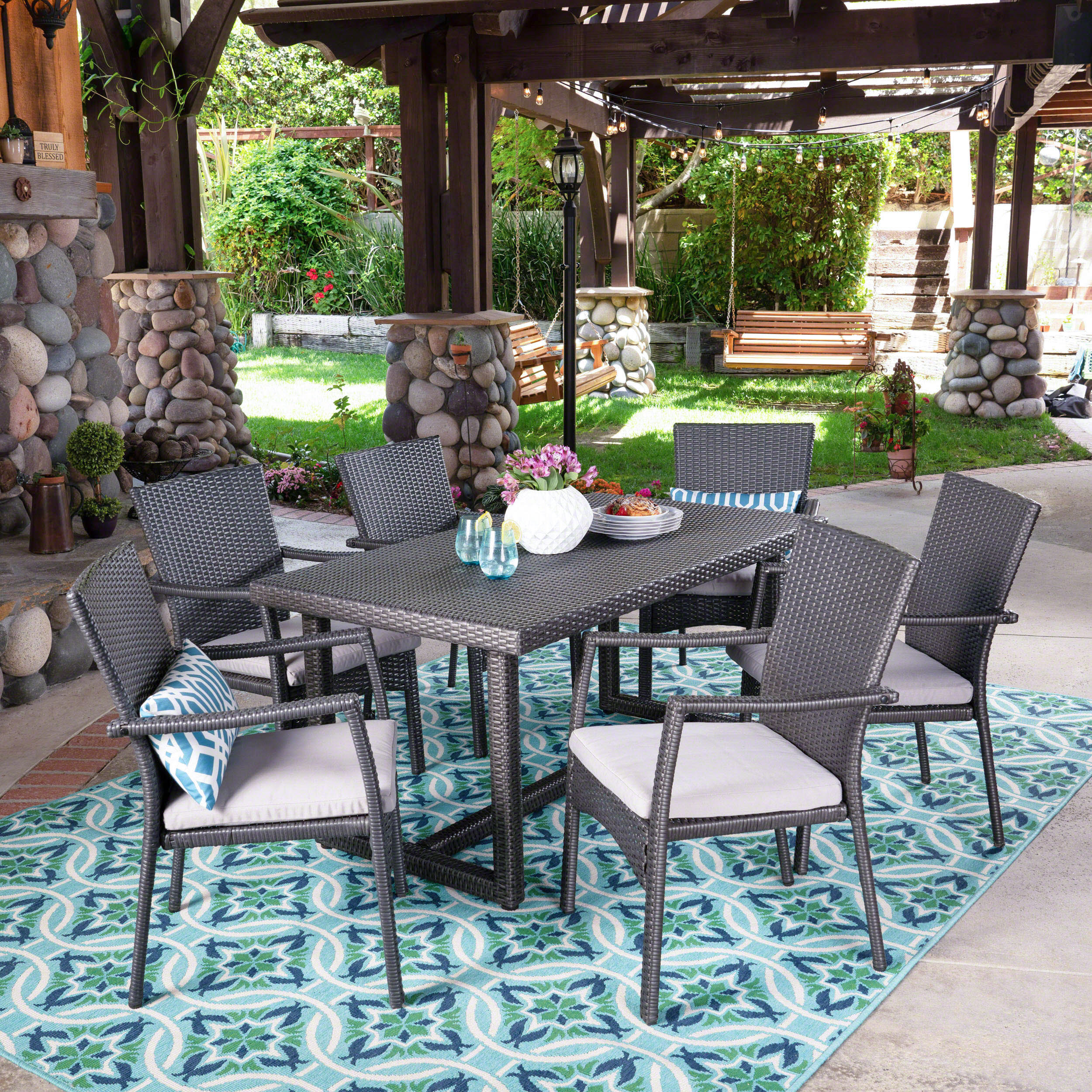 Lena Outdoor 7 Piece Wicker Dining Set, Grey with Grey Cushions