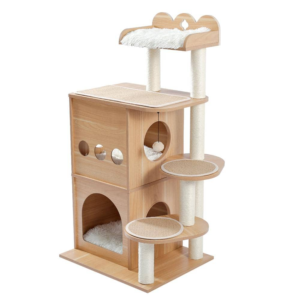 Foobrues Modern Cat Tree Wooden Multi-Level Cat Tower, Deeper Version of Cat Sky Castle with 2 Cozy Condos and Luxury Perch L-W79632636