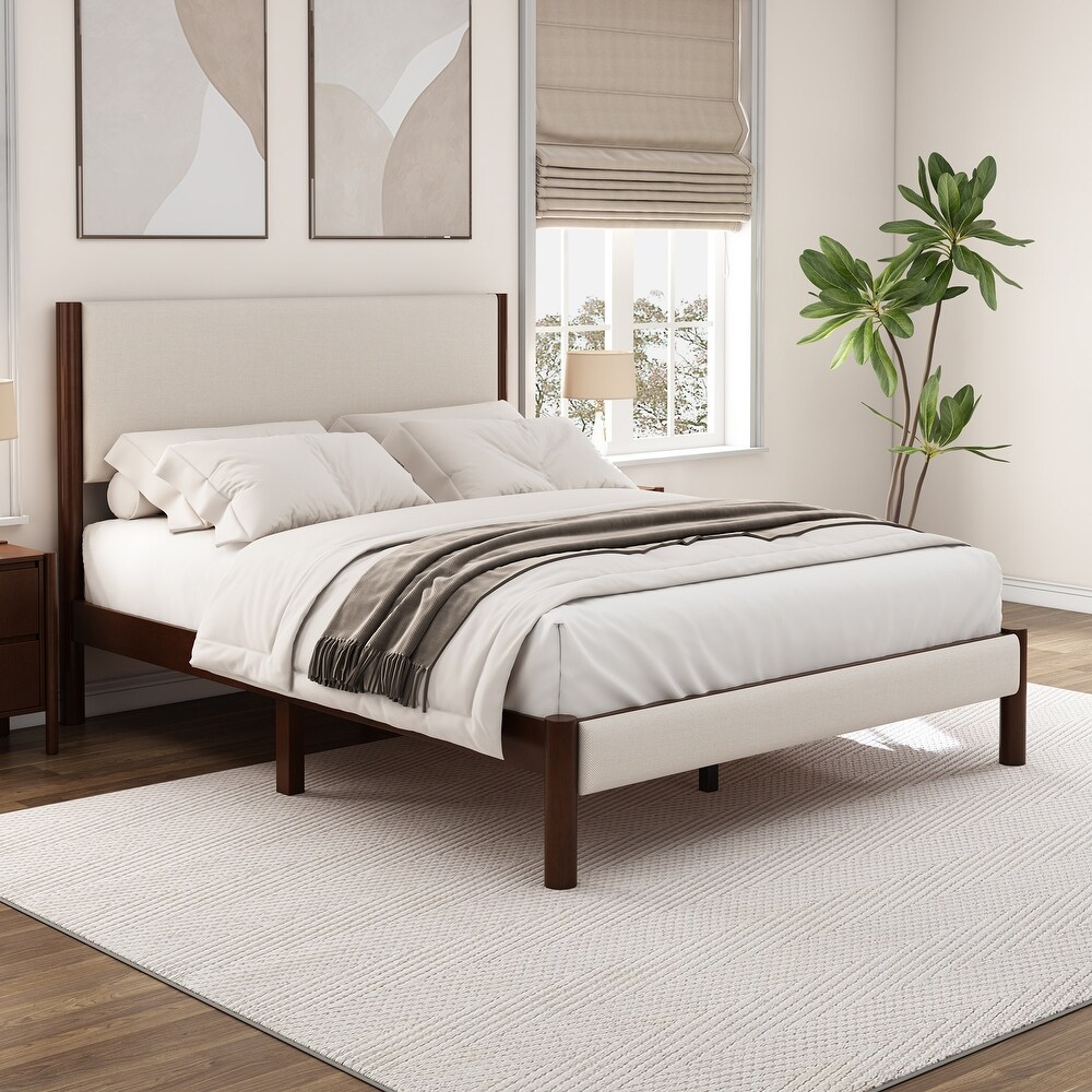 Queen Size Mid Century Modern Upholestery Platform Bed Frame with Upholstered Headboard  No Box Spring Needed  Walnut