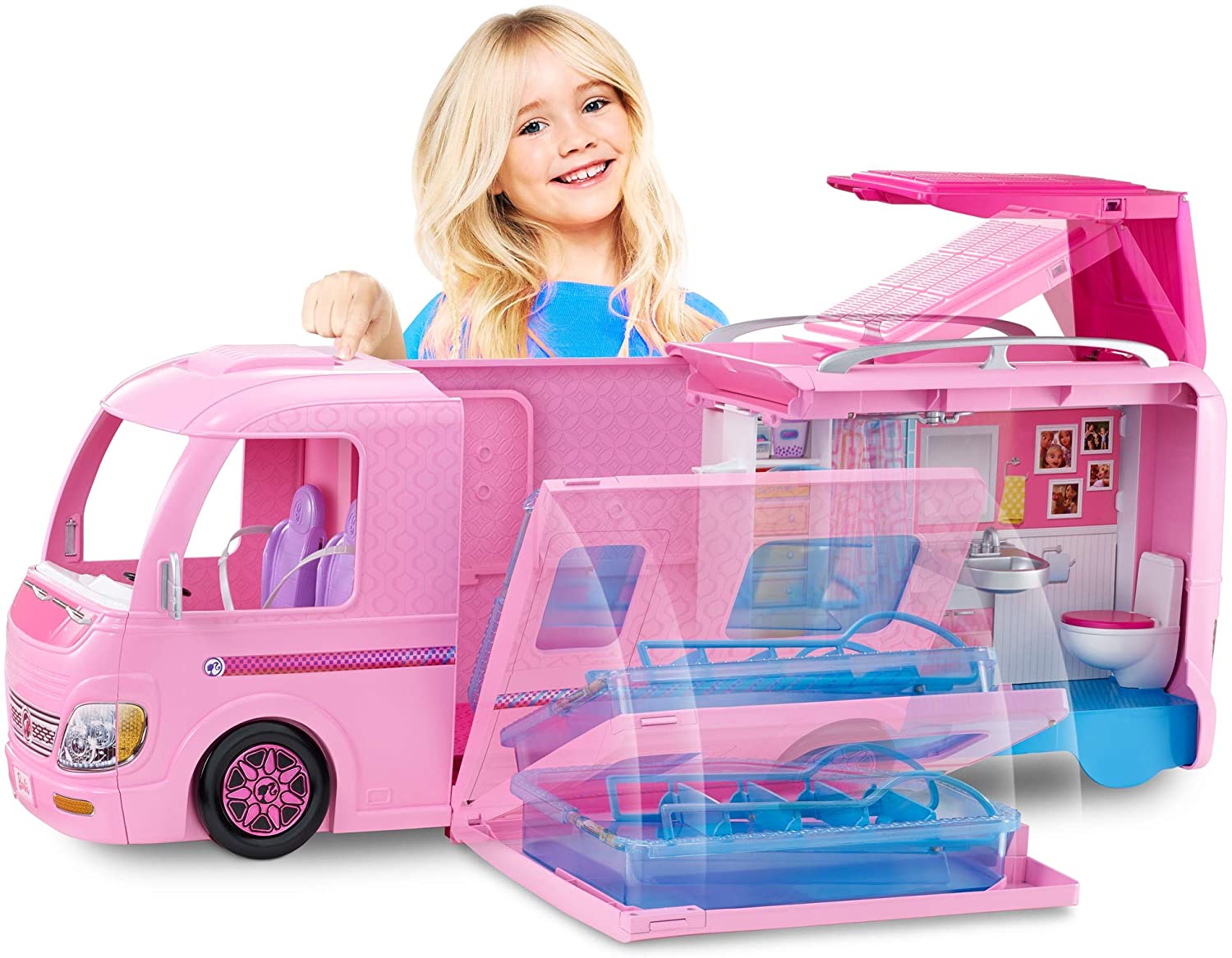 3-in-1 DreamCamper Vehicle, approx. 3-ft, Transforming Camper with Pool, Truck, Boat and 50 Accessories, Makes a Great Gift for 3 to 7 Year Olds