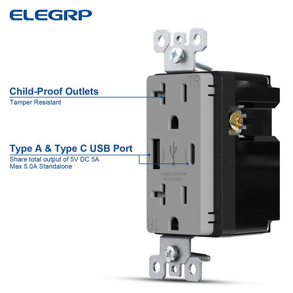 ELEGRP 25-Watt 20 Amp Type C and Type A USB Duplex Outlet Smart Chip High Speed Charging Wall Plate Included Gray (2-Pack) R1820D50AC-GR2