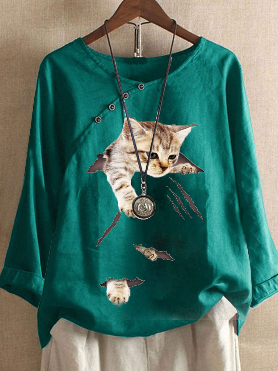 Round Neck Casual Loose Cat Print Long Sleeve Blouse