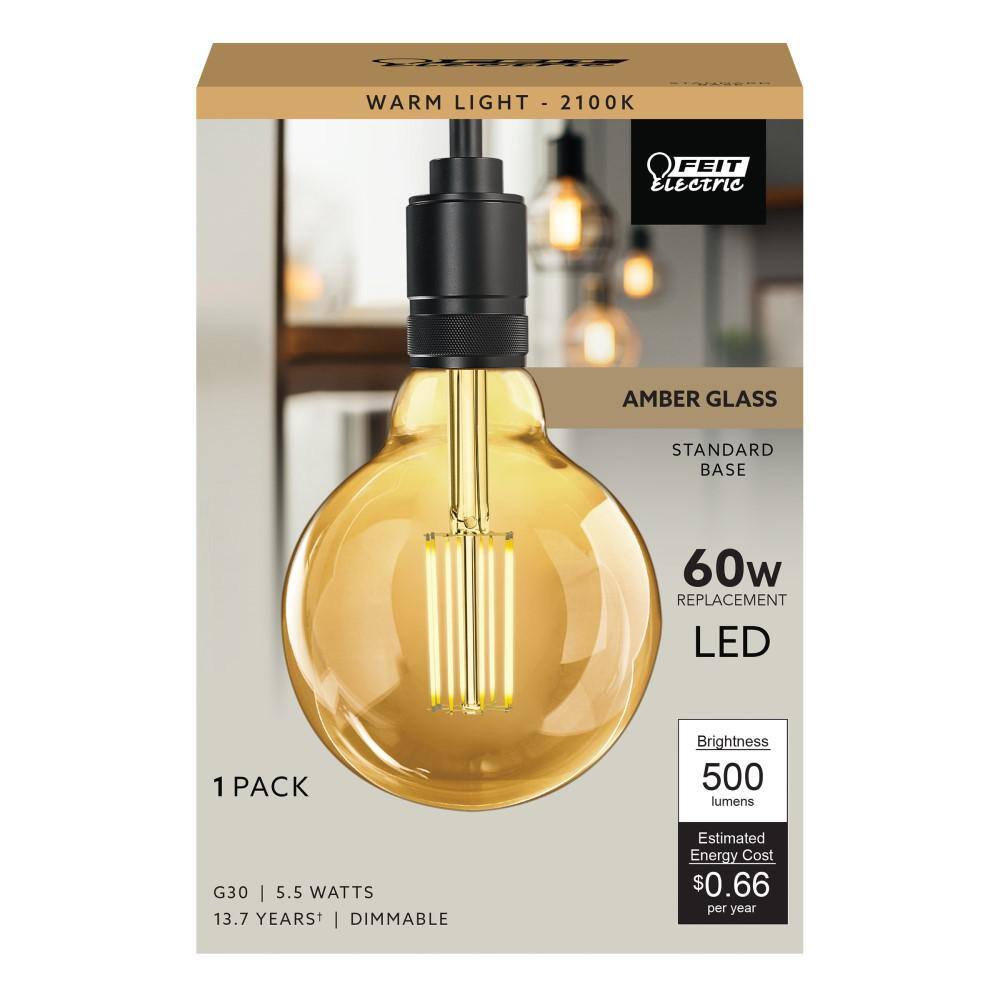 Feit Electric 60-Watt Equivalent G30 Dimmable Cage Filament Amber Glass E26 Vintage Edison LED Light Bulb Warm White G3060VGLEDHDRP