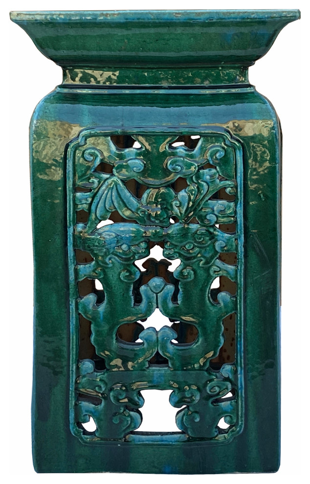 Ceramic Clay Green Square Tall Pedestal Table Bats Dragons Stand Hcs7010   Asian   Side Tables And End Tables   by Golden Lotus Antiques  Houzz