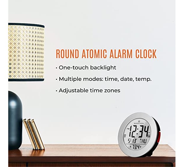 Marathon Round Atomic Alarm Clock With Push button Backlight Indoor Temperature amp 8 Time Zones