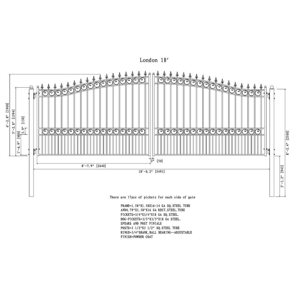 ALEKO London Style 18 ft. x 6 ft. Black Steel Dual Driveway Fence Gate DG18LOND-HD