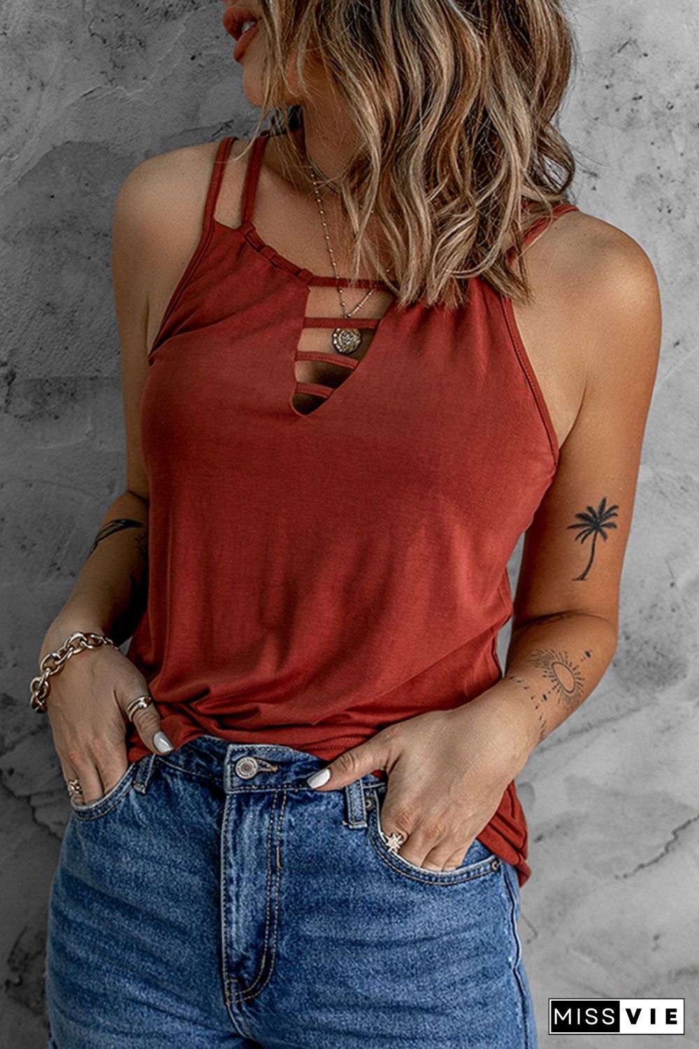 Wine Red Ladder Hollow-out Tank Top