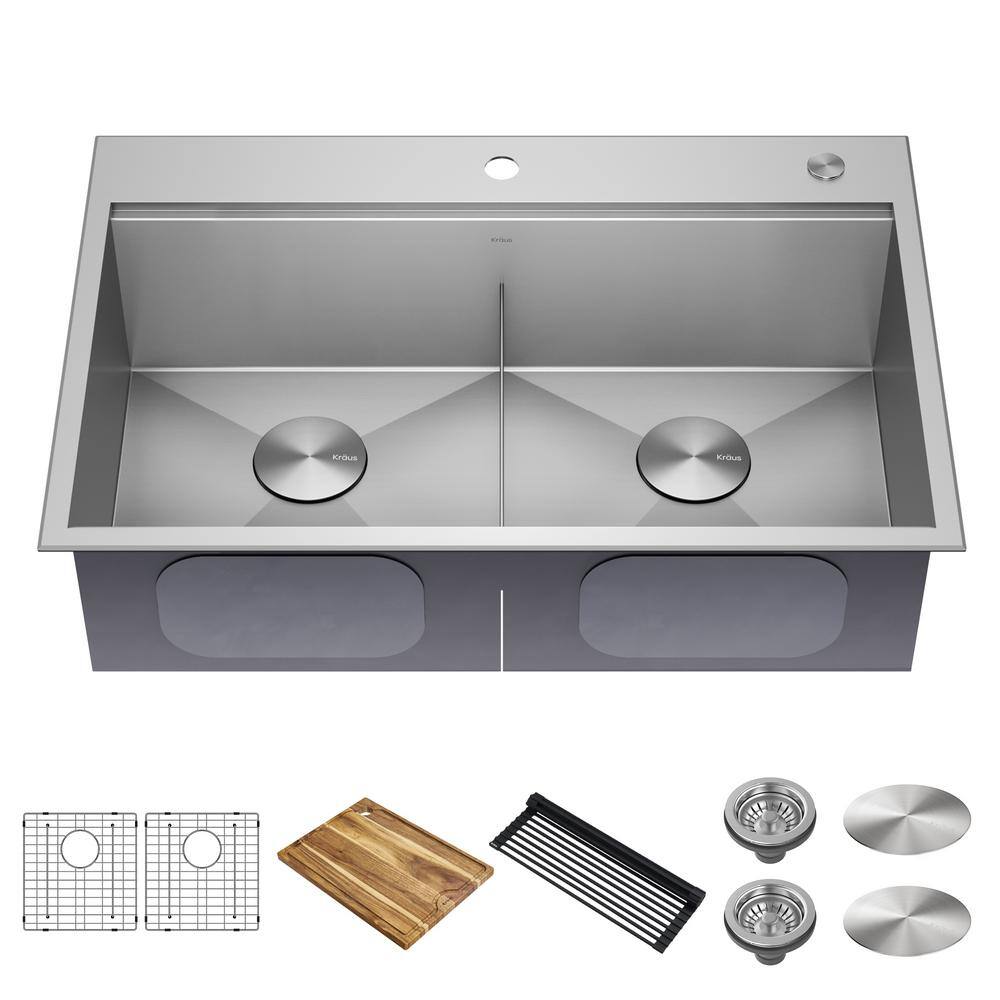 KRAUS Loften 33 in. Drop-inUndermount Double Bowl Stainless Steel Kitchen Workstation Sink with Accessories KWT302-3318