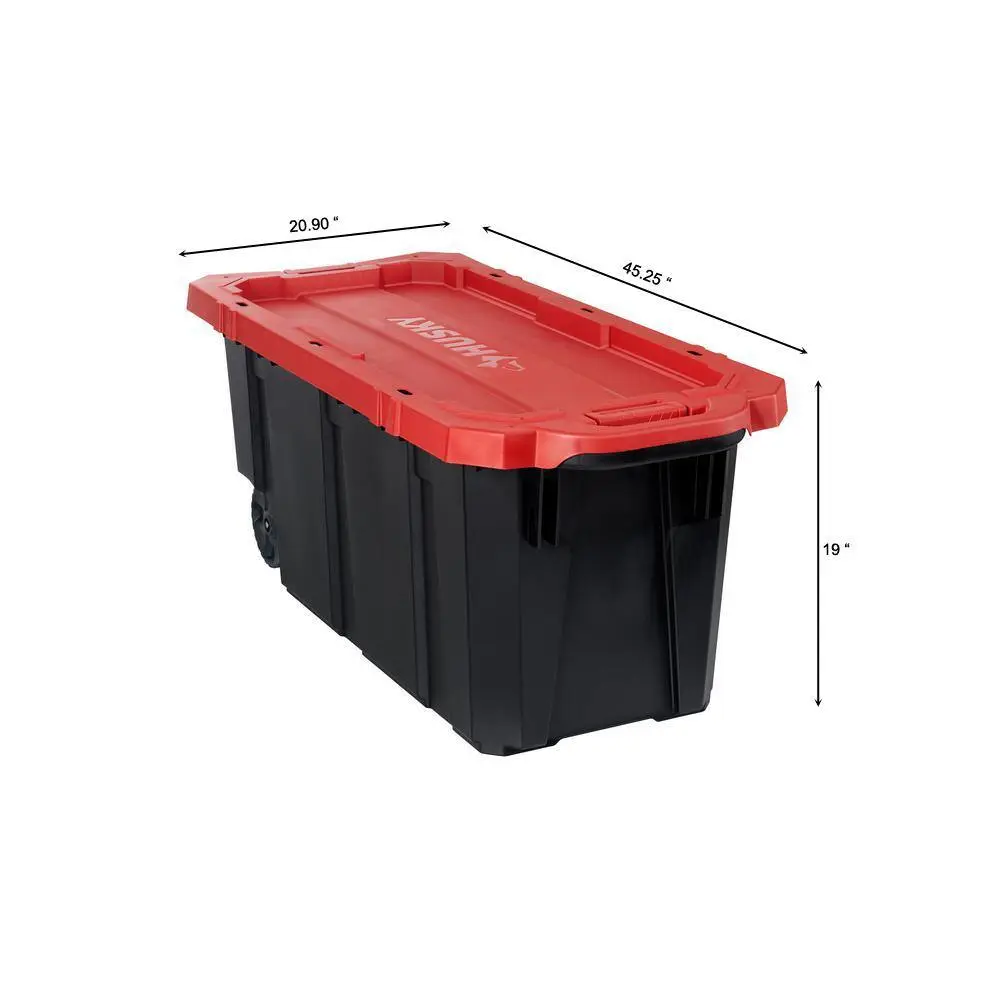 Husky 45 Gal. Latch and Stack Tote with Wheels in Black with Red Lid 206201