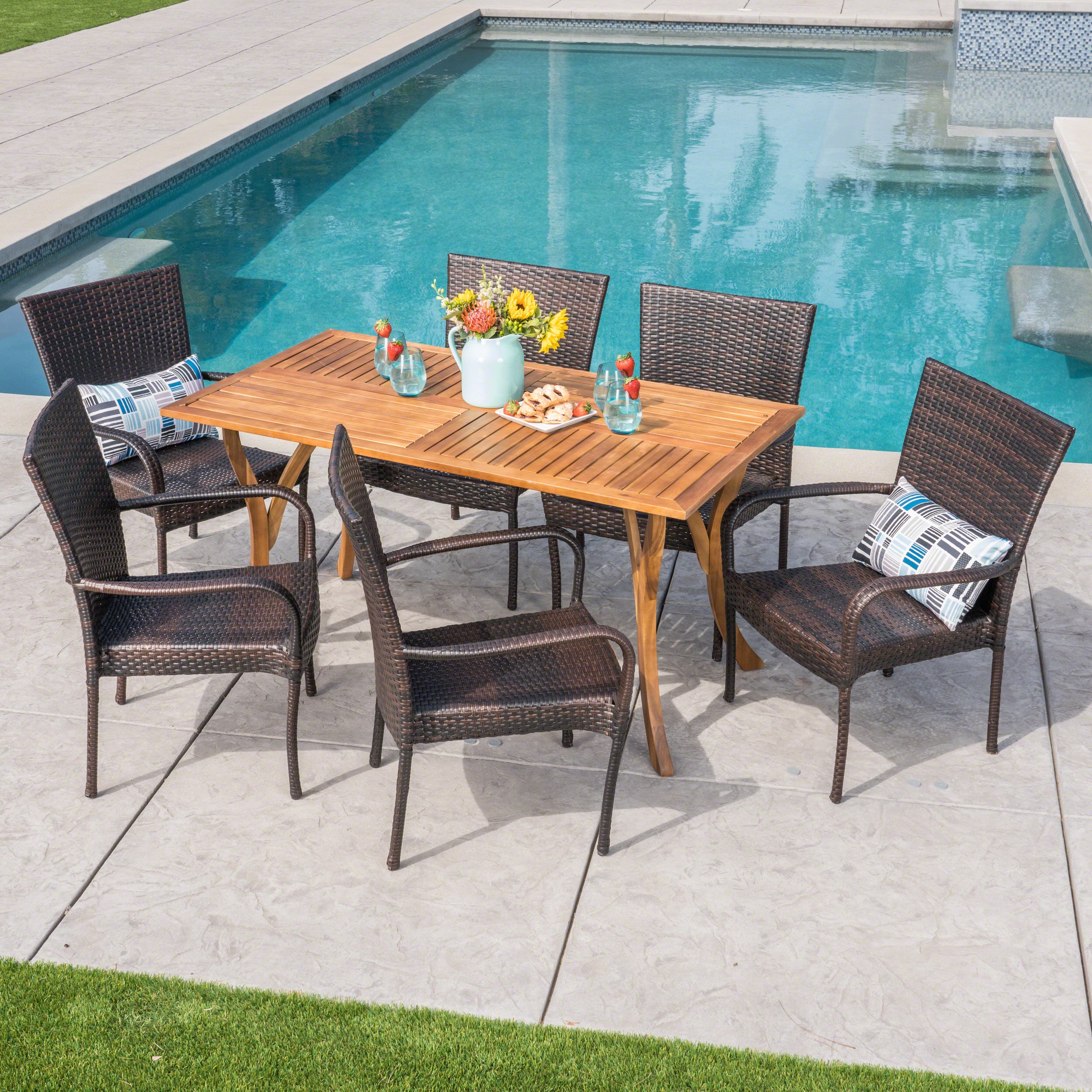 Yolanda Outdoor 7 Piece  Acacia Wood/ Wicker Dining Set, Teak Finish and Multibrown