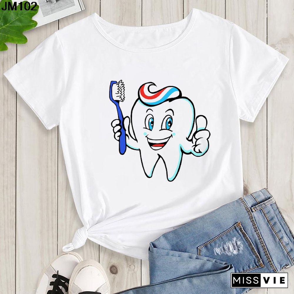 Aesthetic Funny Tooth Dentist Print Female Clothing T-shirt 90s Harajuku Kawaii O-neck Tshirt Summer Fashion Women's Top T Shirt