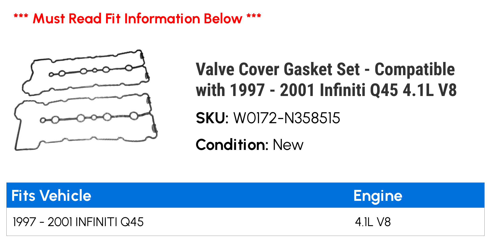 Valve Cover Gasket Set - Compatible with 1997 - 2001 Infiniti Q45 4.1L V8 1998 1999 2000