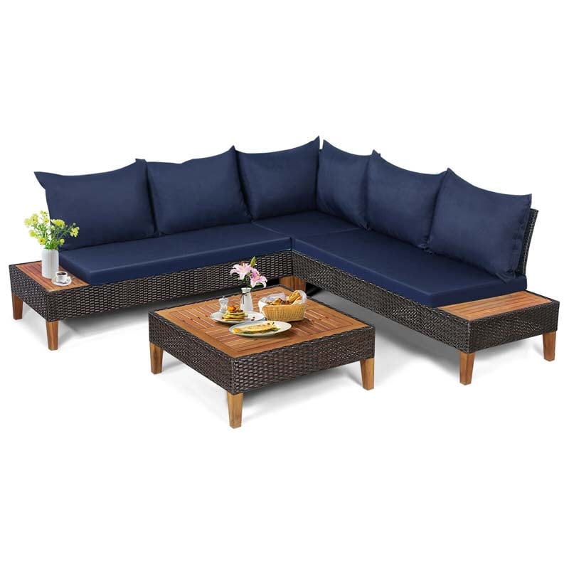 4 Pcs Acacia Wood Rattan Patio Conversation Set Outdoor Sectional Sofa Set with Coffee Table