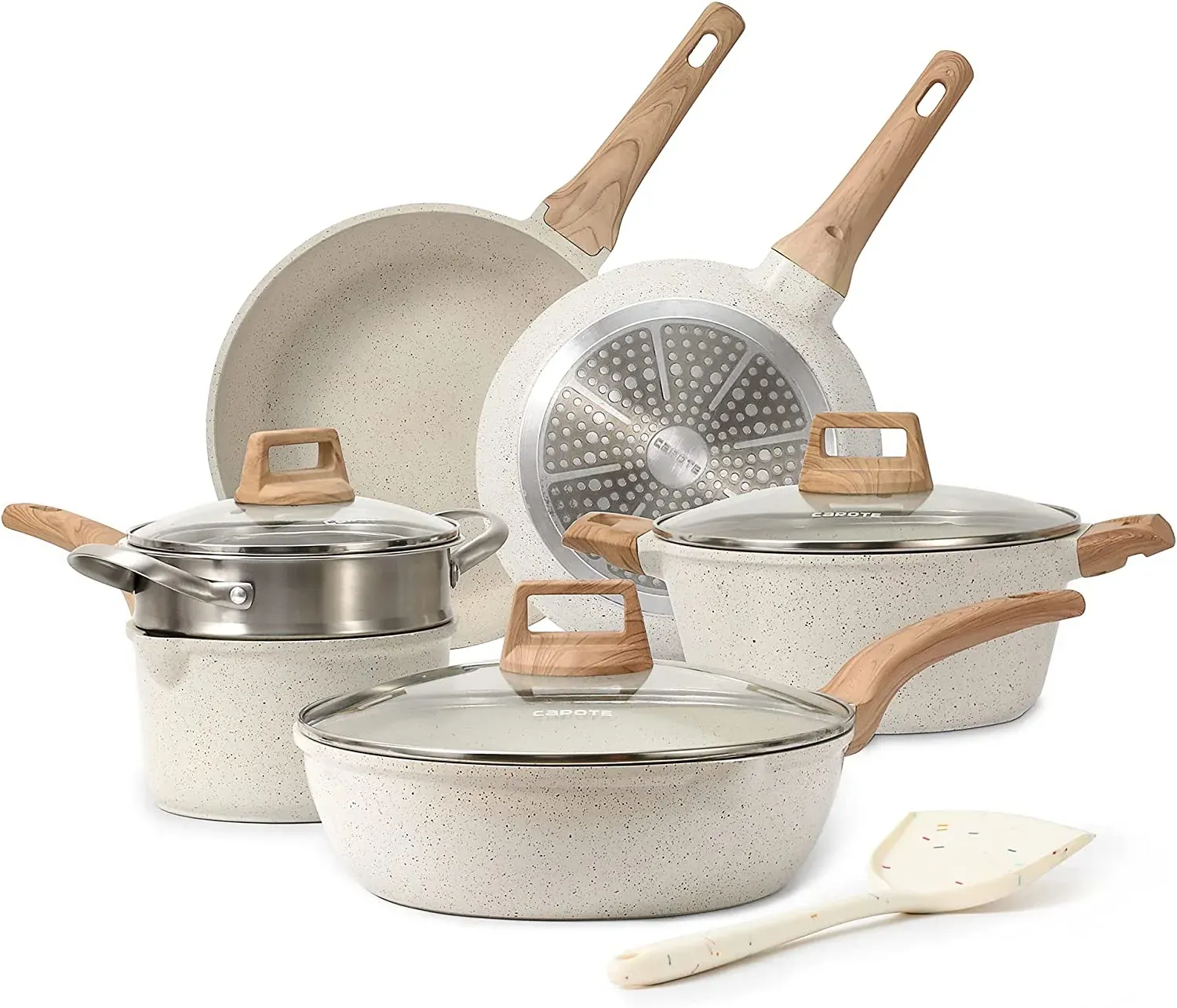 Pots and Pans Set Nonstick, White Granite Induction Kitchen Cookware Sets