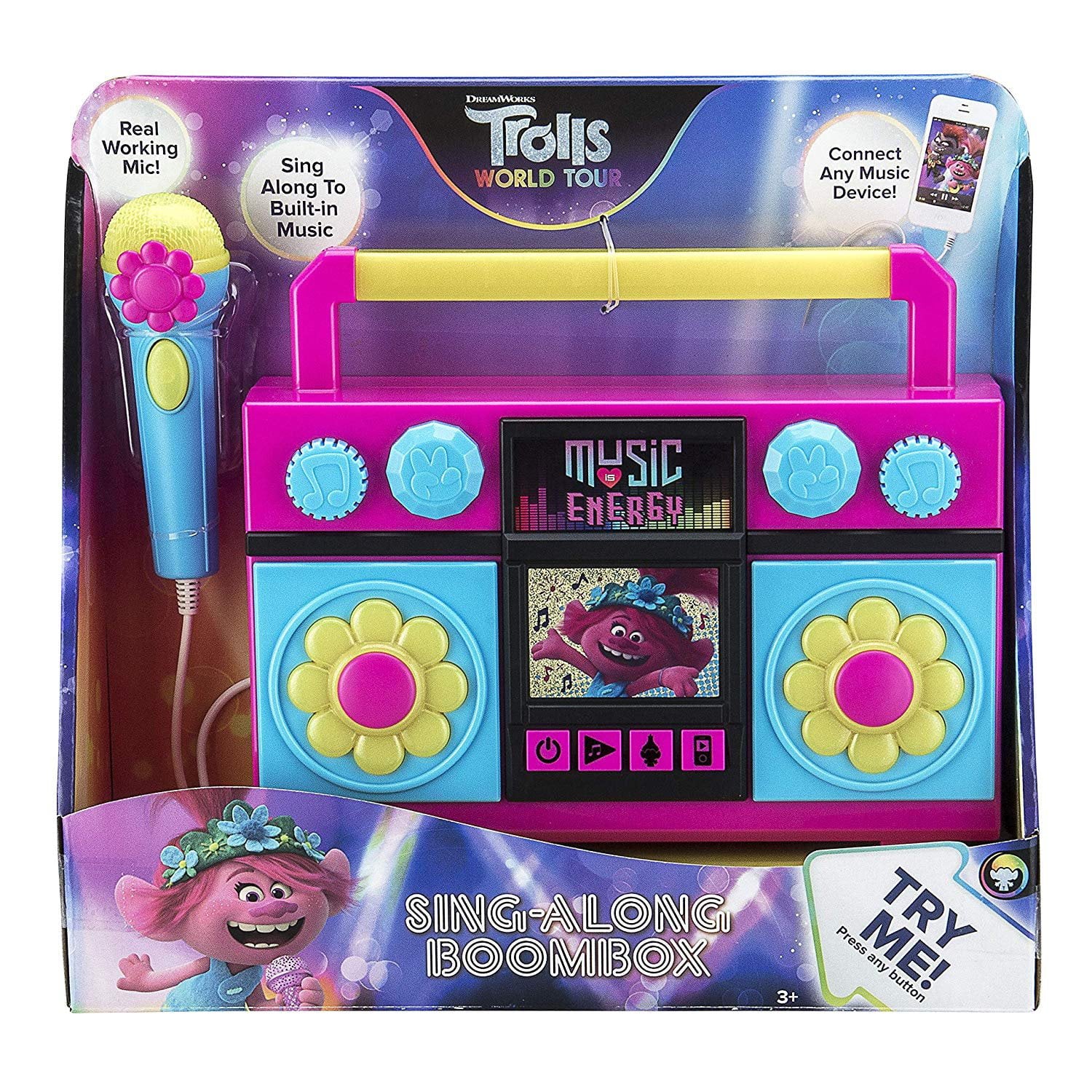 KIDdesigns Trolls World Tour Sing Along Boombox Karaoke with Microphone， Flashing Lights