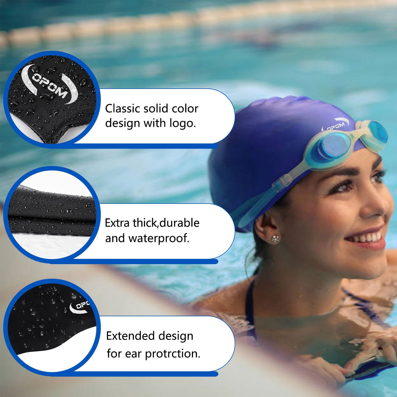 Opom Extra Large Swimming Caps,Silicone Waterproof Swimming Hat Anti-Silp Bathing Cap for Woman Men-Black