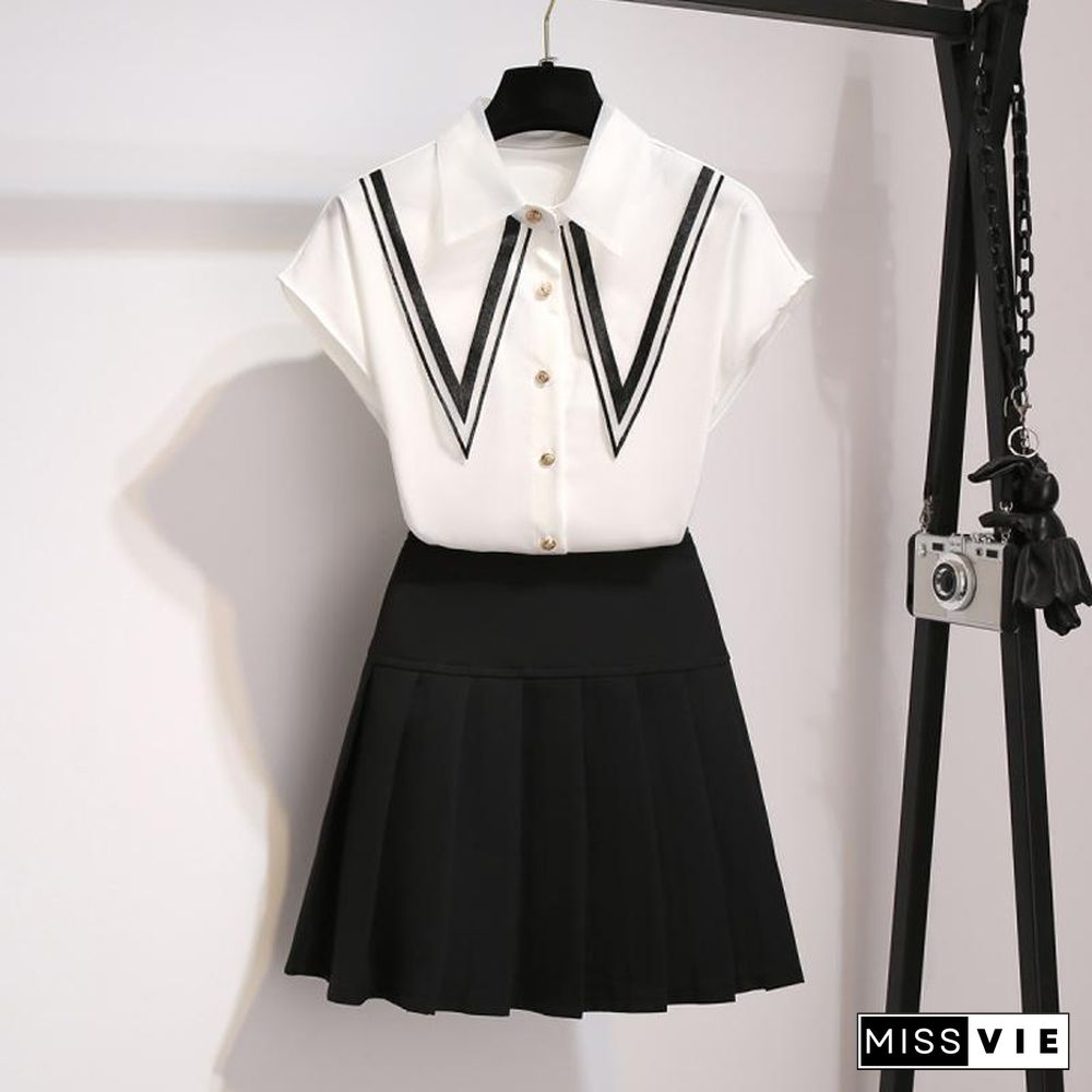 Chic Blouse+High Waist Pleated Skirt P10733