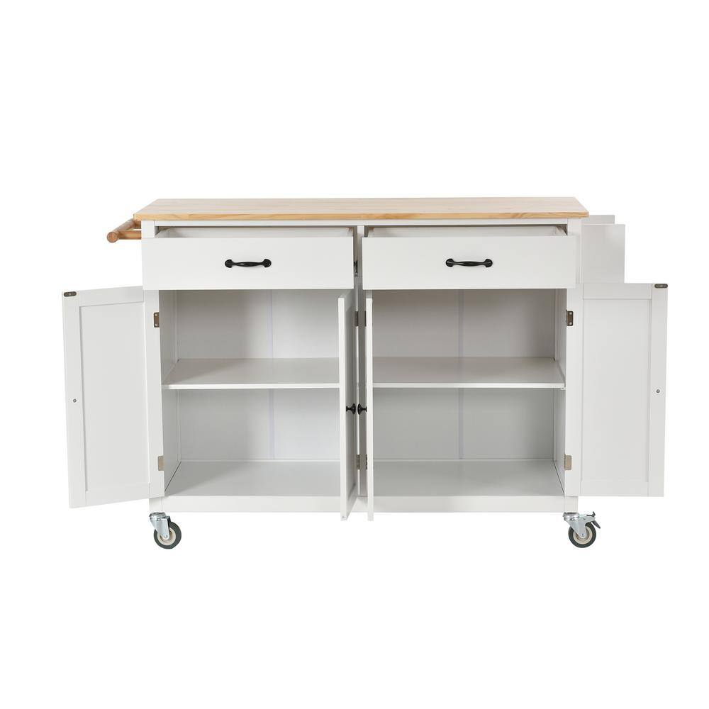 HwoamneT 54.3 in. W White Kitchen Island Cart with Solid Wood Top Locking Wheels 4-Door Cabinet 2-Drawers Spice Rack Towel Rack SH#WF286911WH