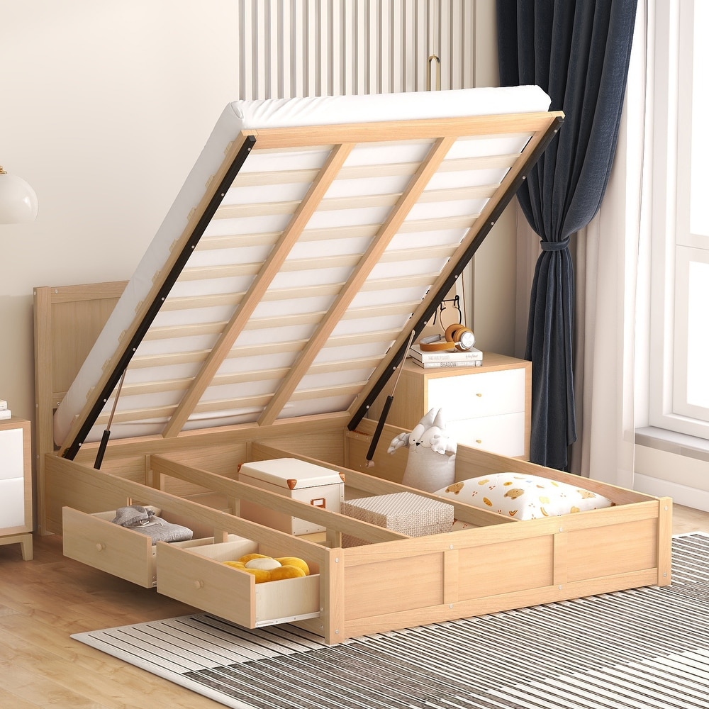 Lift Up Platform Bed with 2 Drawers for Bedroom  Wooden Storage Bed Frame with Storage Underneath  No Box Spring Needed