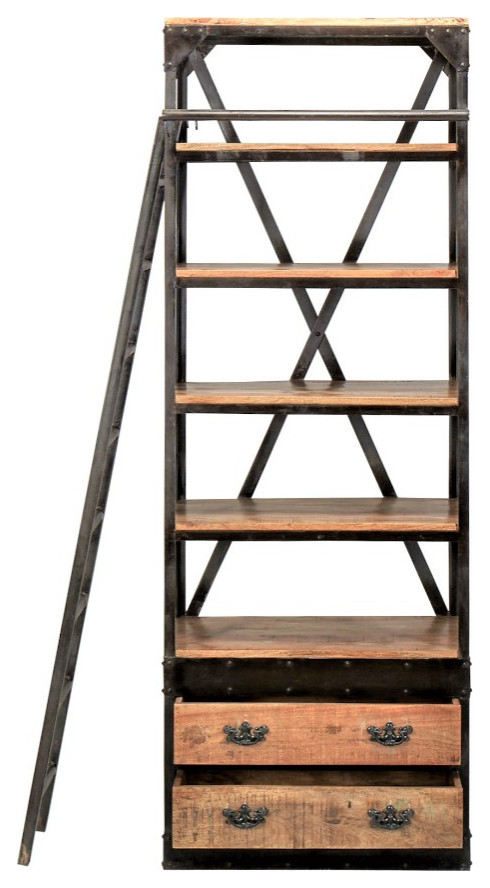 80x62 quotRustic Industrial Mobile Library Bookcase with Ladder and Drawers   Industrial   Bookcases   by Sideboards and Things  Houzz