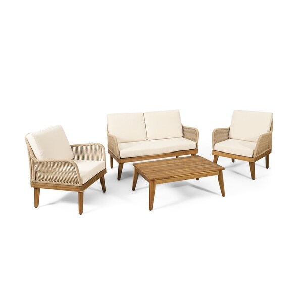 Outdoor Acacia Wood Chat Set with Coffee Table， Arm Chairs and Loveseat