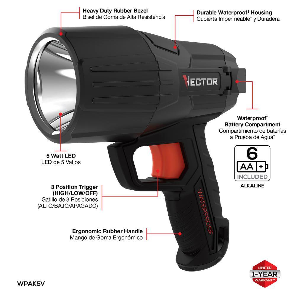 VECTOR 800 Lumen Waterproof LED Handheld Spotlight 6 AA Batteries Included WPAK5V