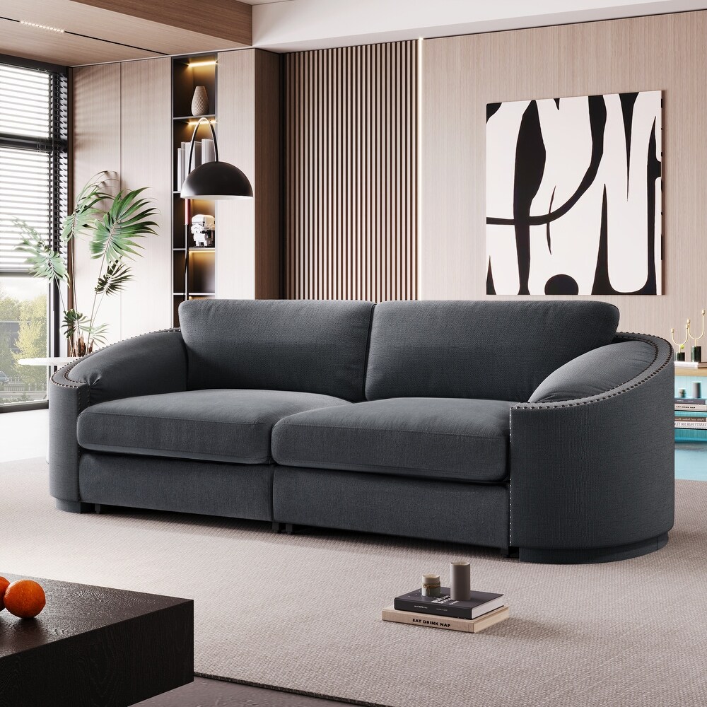 Modern 3 Seater/Plus Loveseat Sofa Polyester Upholstered Couch with Semilunar Arm and Rivet Detailing for Living Room