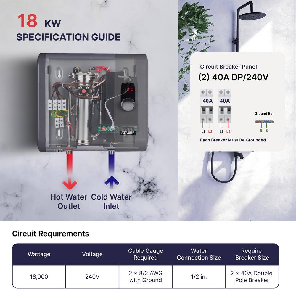 ATMOR 18kW 3.73 GPM Residential Electric Tankless Water Heater Ideal for 1 Bedroom Home or Up to 3 Simultaneous Applications AT-18WH-HD