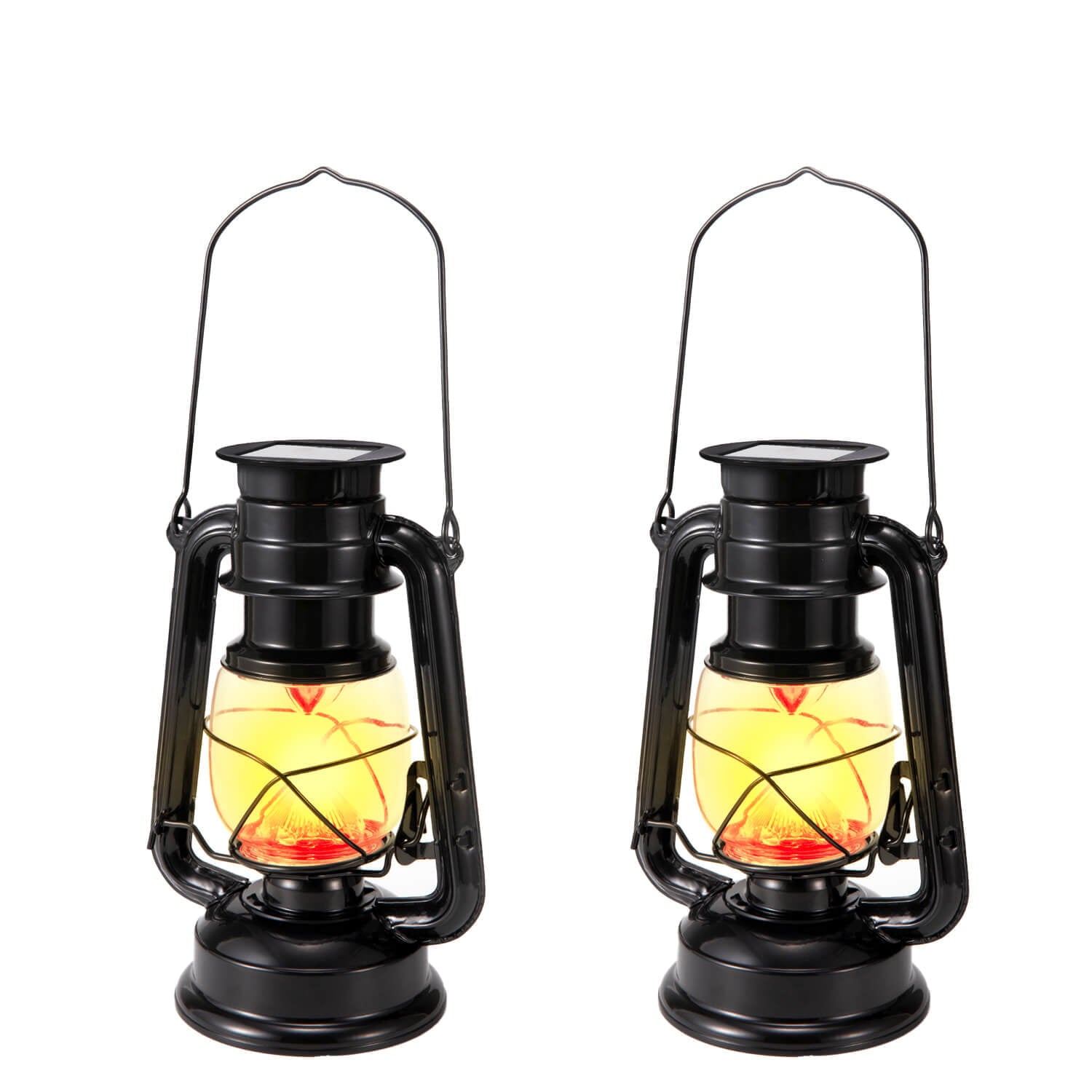 Flickering Flame Solar Lantern Lights， Hanging Waterproof Outdoor Solar Vintage Lanterns  for Camping Garden Patio Yard Black， 2 Pack