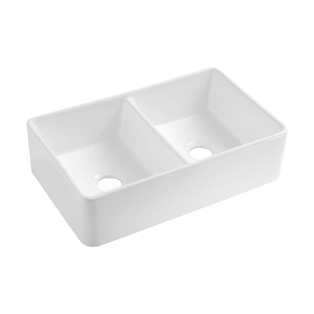 Interbath White Fireclay 32 in. Double Bowl Farmhouse Apron Kitchen Sink ITBDL322010D