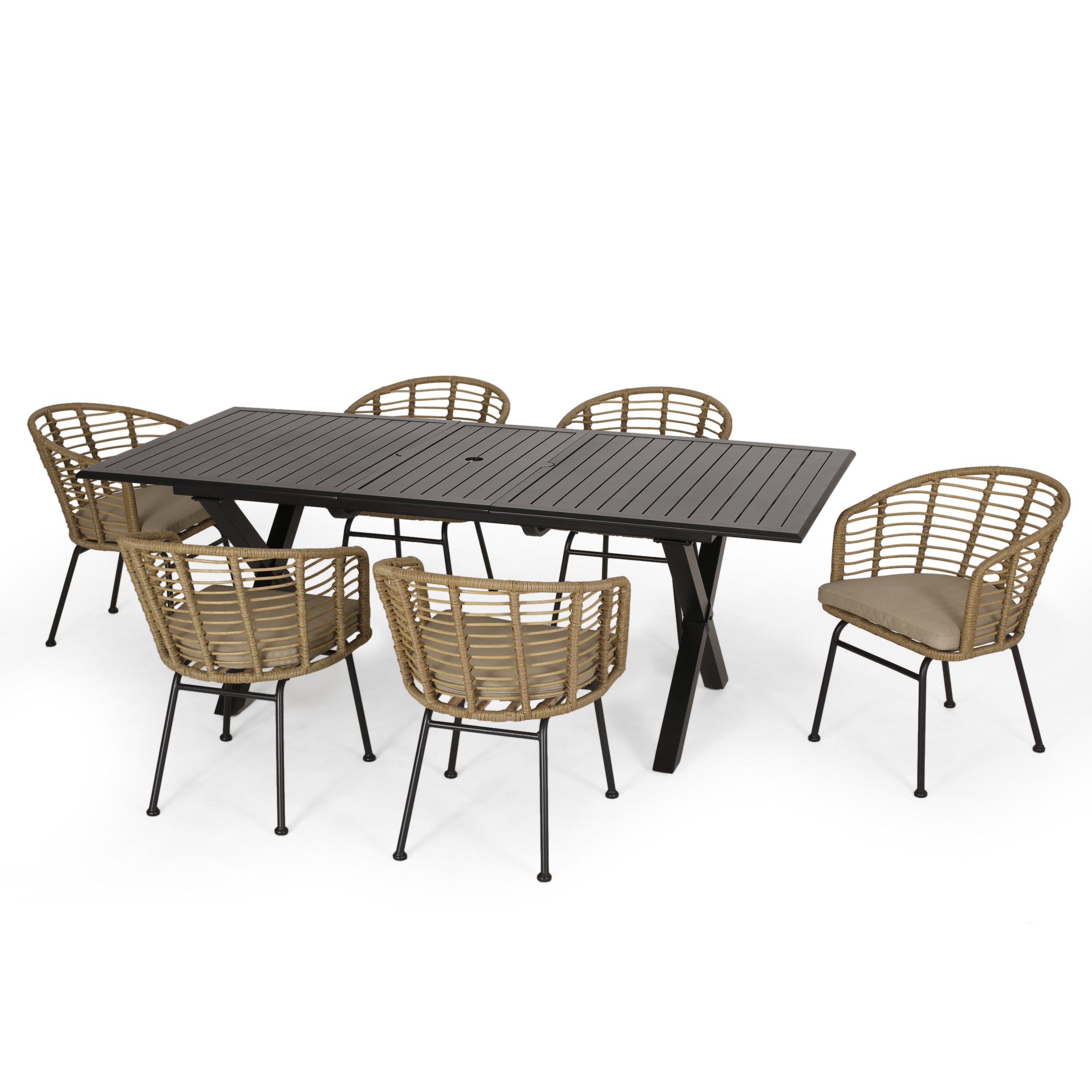 Saragus Outdoor Wicker 7 Piece Dining Set, Light Brown, Matte Black, and Beige