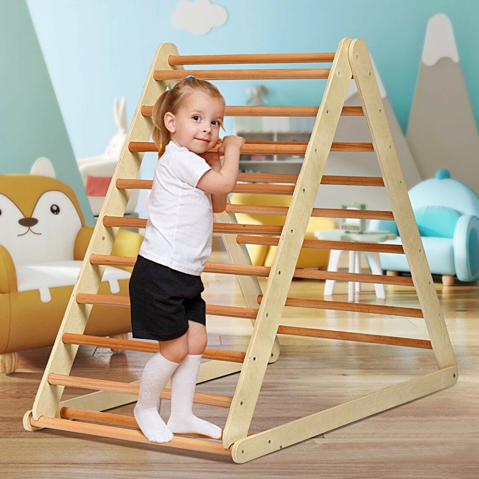 Costzon Foldable Triangle Ladder with Ramp, 3 in 1 Toddler Wooden Activity Climber for Sliding & Climbing