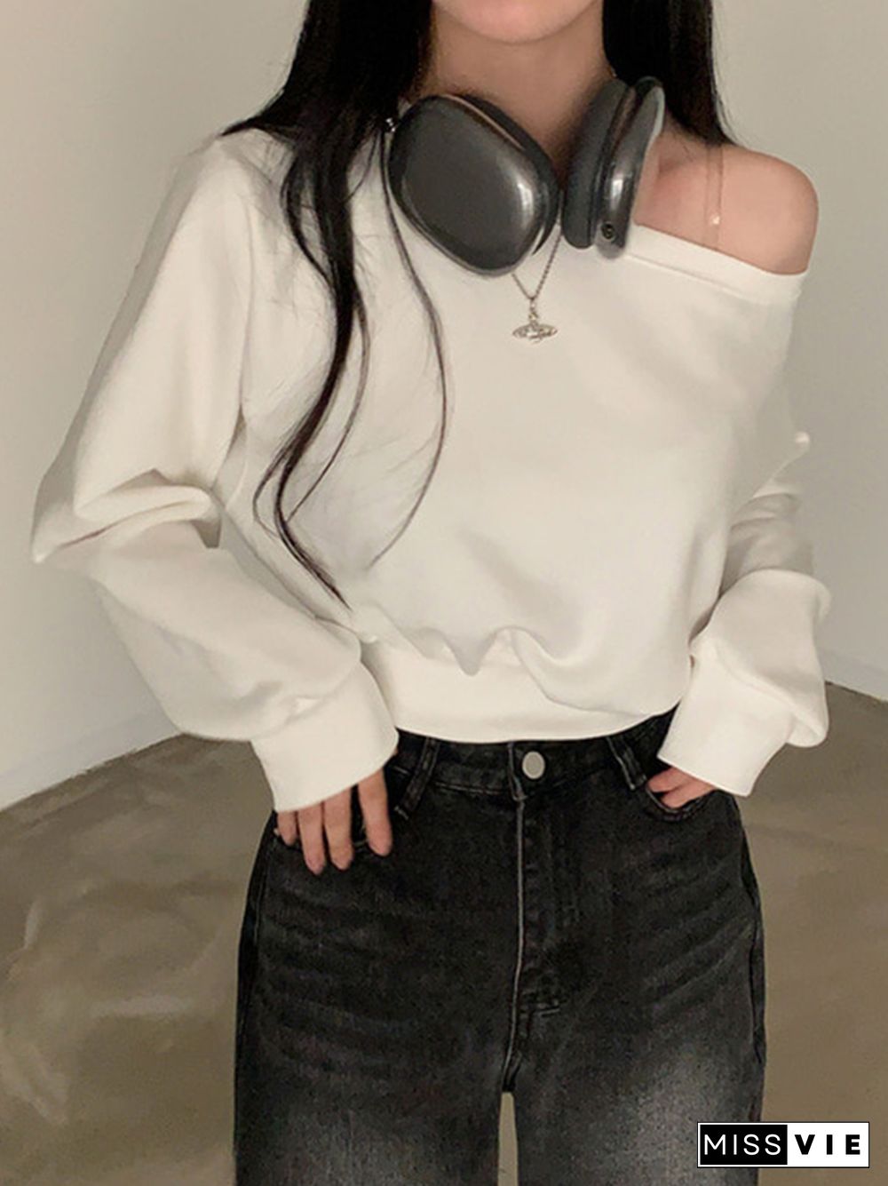 Solid One Shoulder Short Sweatshirt