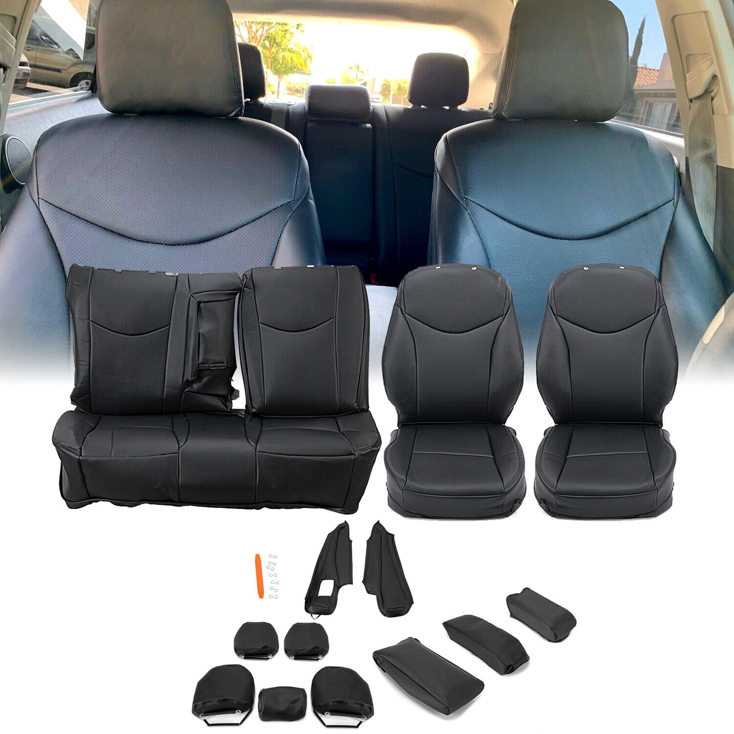 KOJEM Synthetic Leather Seat Covers for 2010-2015 2011 2012 2013 2014 Toyota Prius， Black Front and Rear