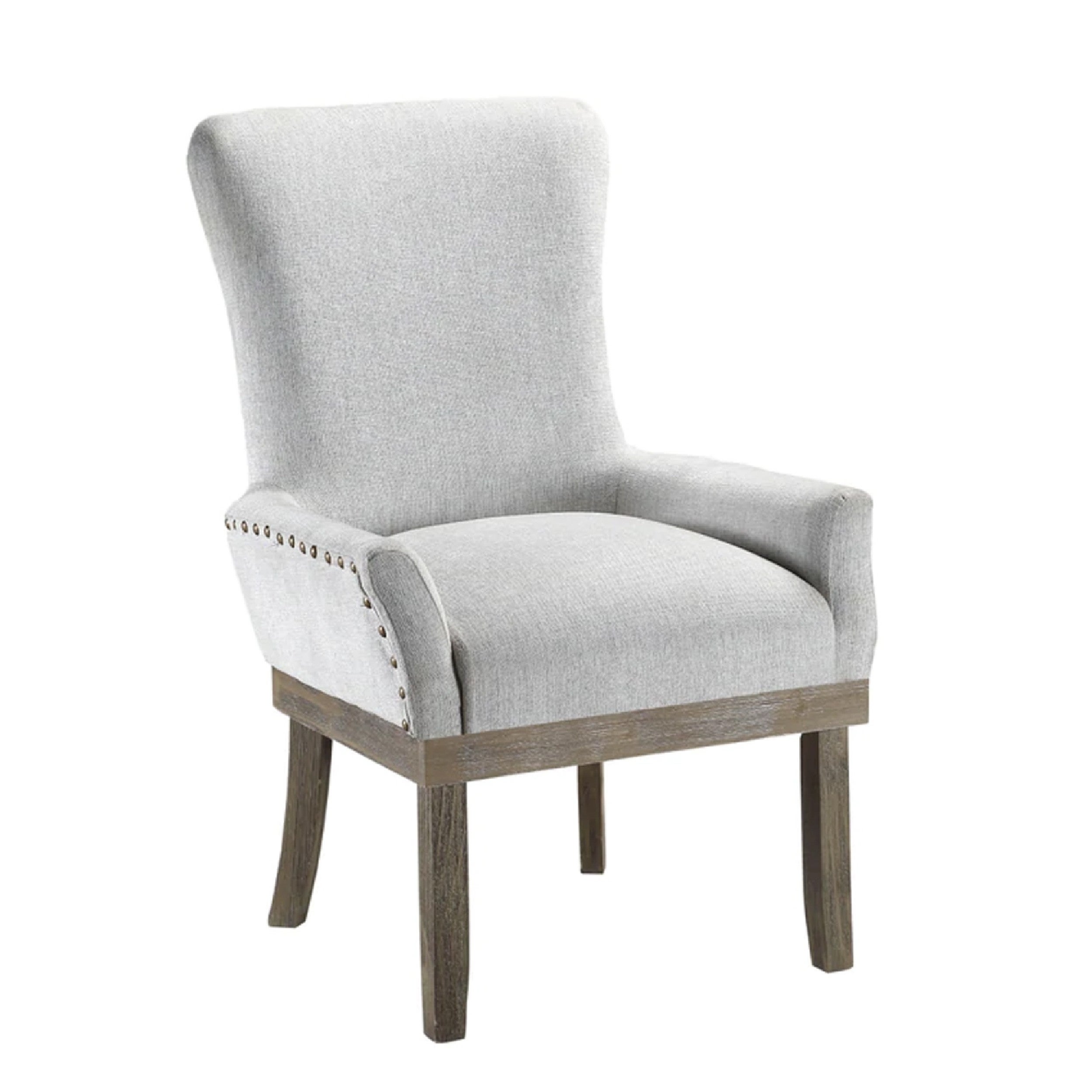 20 Inch Solid Wood Arm Chair， Nailhead Trim， Flared Track Arms， Gray