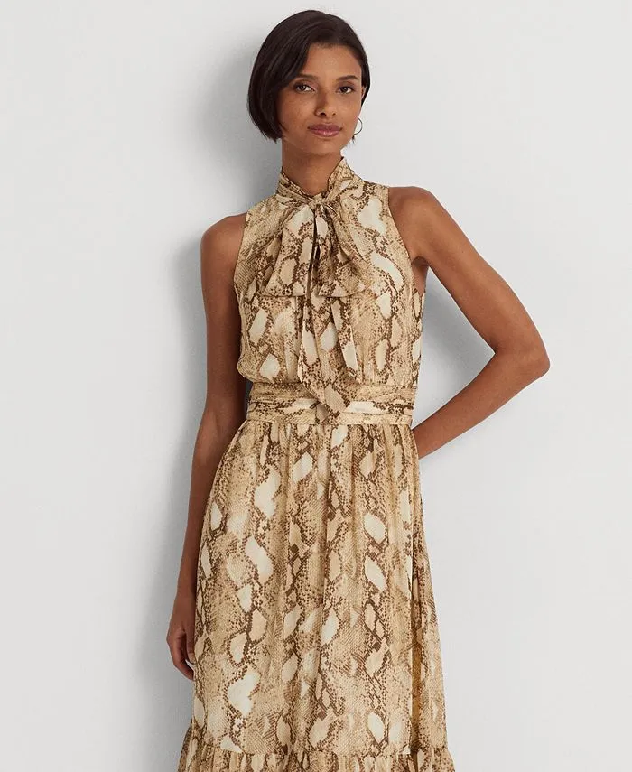 Women's Snakeskin-Print Georgette Tie-Neck Dress